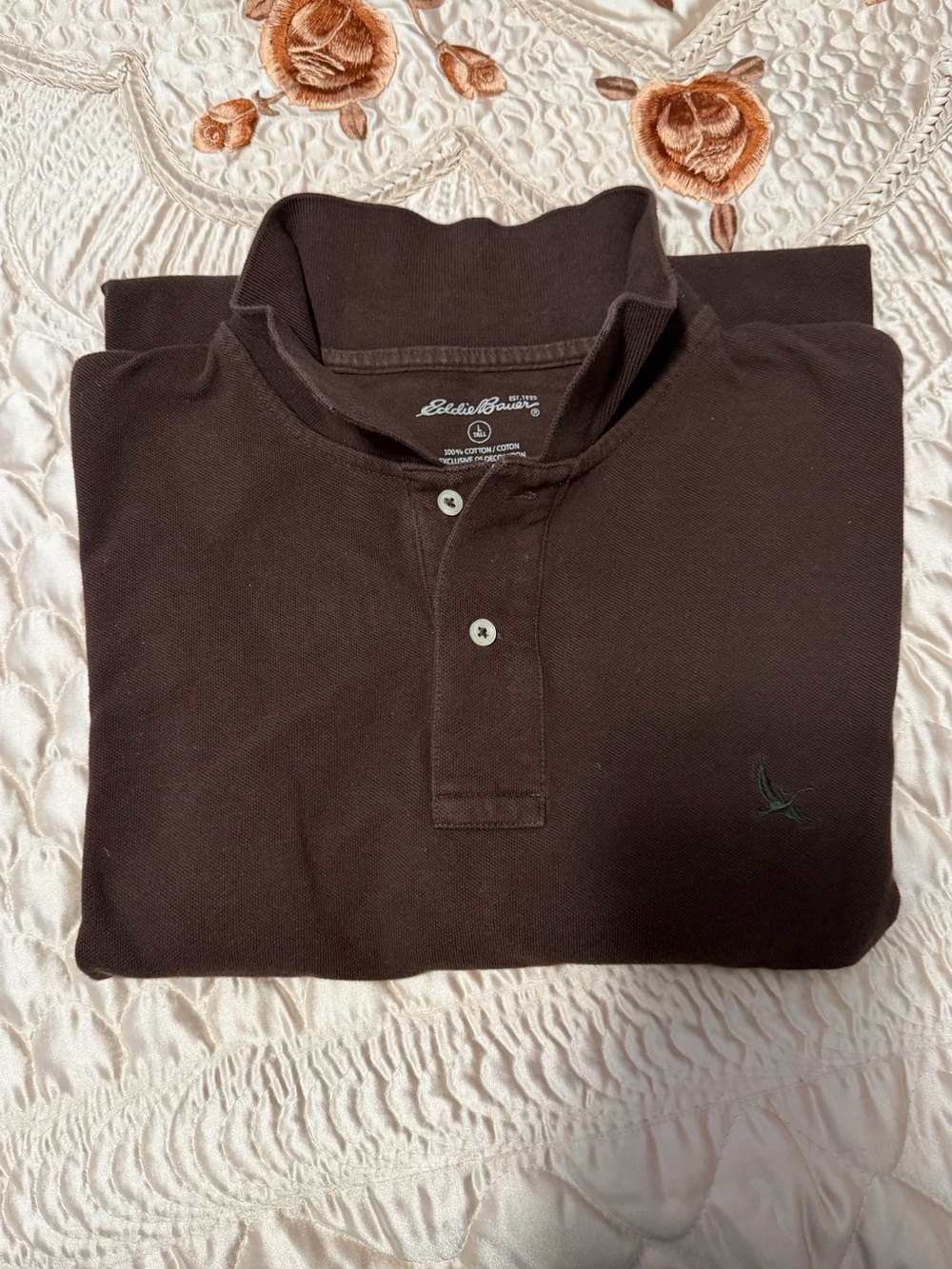 Eddie Bauer Men's Brown Polo with Subtle Logo Size LTall